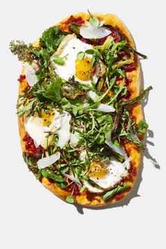 Fried Egg, Flatbreads With Nduja And Mustard Greens On White Background