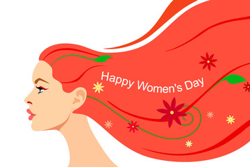 Card for 8 March womens day. Beautiful head of a girl with flowing bright hair with leaves, flowers and text. Vector illustration of a flat style.