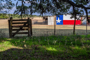 Fototapeta na wymiar Texas lone star flag painted on farm shed with fenced chickens
