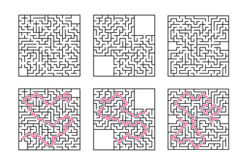 Fototapeta na wymiar A set of square mazes. Game for kids. Puzzle for children. One entrances, one exit. Labyrinth conundrum. Flat vector illustration isolated on white background. With answer. With place for your image.
