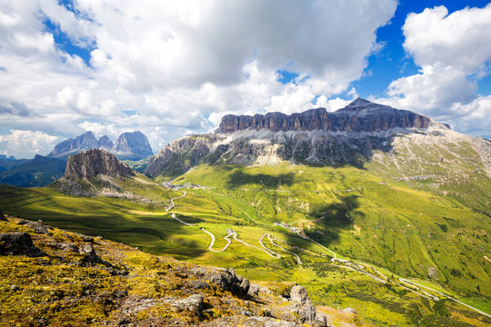Pordoi Pass road with Sella Group and Sassolungo group, Pordoi Pass, Fassa Valley, Trentino, Dolomites