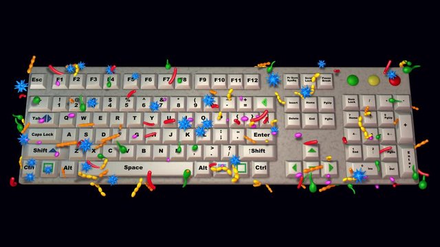 Computer keyboard covered with germs, bacteria, viruses, microbes.Growing population during 3d animation. Black , white alpha matte , mask included