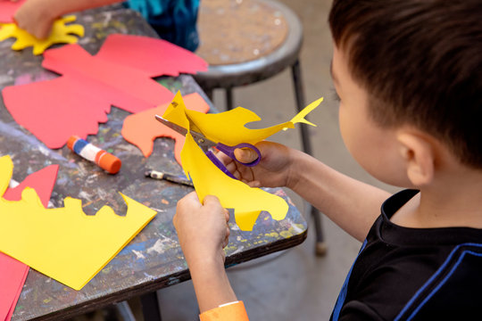 Young boy cutting a piece of paper