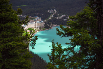 View from the top of the mountain of hotel at Lake Louise in Alberta