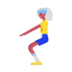 Vector flat elderly african woman in sportsuit doing sport. Old female black character working out doing squats. Grandmother at retirement, pension and healthy lifestyle.
