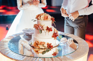 Fototapeta na wymiar Beautiful delicious white wedding cake. Wedding day