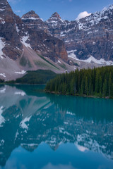 Vertical of The Moraine lake sunset with turquoise lake and bluesky, Banff, Alberta