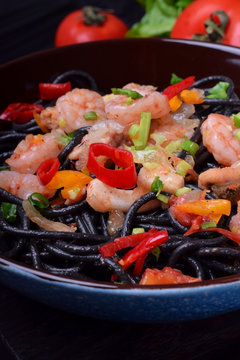 Black spaghetti with cuttlefish ink and seafood