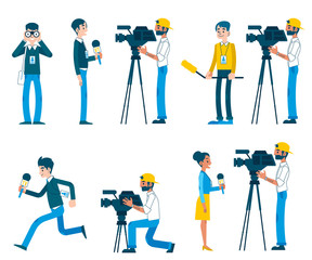 Vector correspondence, reporting live, video interview and journalism concept characters set. Men, women providing reportage for tv, news broadcasting.