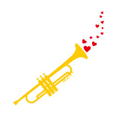 Fototapeta na wymiar Vector trumpet. Trumpet with red hearts. Decor for St. Valentine's Day. Jazz festival. 