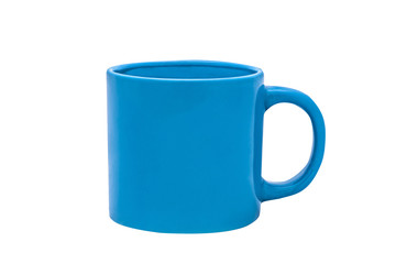 Blue glass, colore mug on white background, coffee cup. Isolated