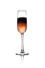 Rose pink champagne glass with bubbles isolated on white background
