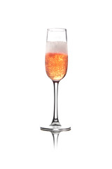 Rose pink champagne glass with bubbles isolated on white background