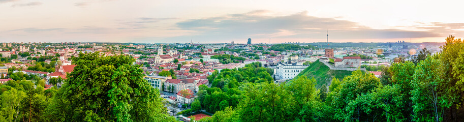 Cityscape skyline view on famous Old and New Town of Vilnius from Three Crosses Hill panoramic viewpoint