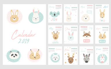 Calendar 2019. Cute monthly pages with animals