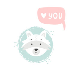 Raccoon hand drawn face. Vector character.