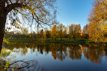 Fototapeta na wymiar Autumn foliage casts reflection on the calm waters