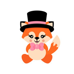 cartoon cute fox with tie and hat sitting vector