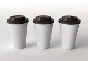 Three paper cups mockup on white background. 3d rendering.