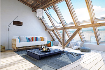 modern attic interior design. 3d rendering concept