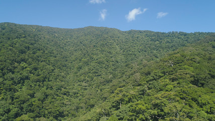 Aerial view of mountains with green forest, trees, jungle with blue sky. Slopes of mountains with tropical rainforest. Philippines, Luzon. Tropical landscape in Asia.