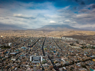 Aerial view of Arequipa city in Peru. Taken with the drone, a panoramic cityscape scene with...