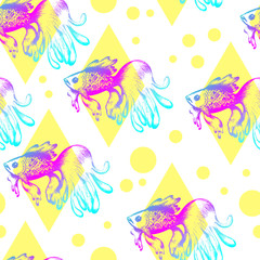 Magic fishes seamless pattern. Marine life print for textiles. Hand drawn illustration. Vector background.