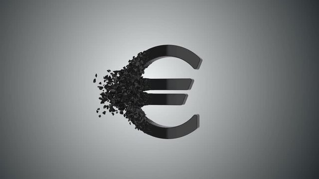 Fractured Euro value 3d model with disappearing effect. Financial crisis concept. Available in FullHD and HD video.