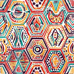 Wall murals Hexagon Seamless pattern in patchwork style. Ethnic and tribal motifs. Handwork. Vector illusion