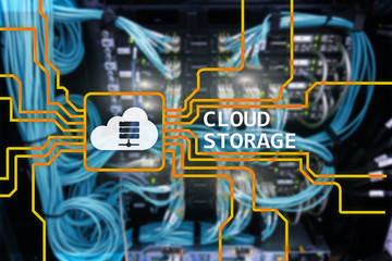 Cloud data storage concept on server room background.