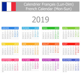 2019 French Type-1 Calendar Mon-Sun on white background