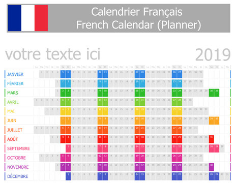 2019 French Planner Calendar with Horizontal Months on white background