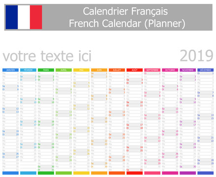 2019 French Planner Calendar with Vertical Months on white background