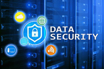 Data security, cyber crime prevention, Digital information protection. Lock icons and server room background.