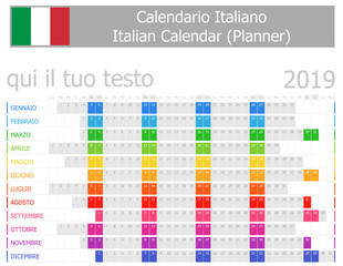 2019 Italian Planner Calendar with Horizontal Months on white background