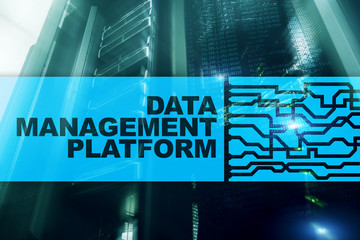 Data management and analysis platform concept on server room background.