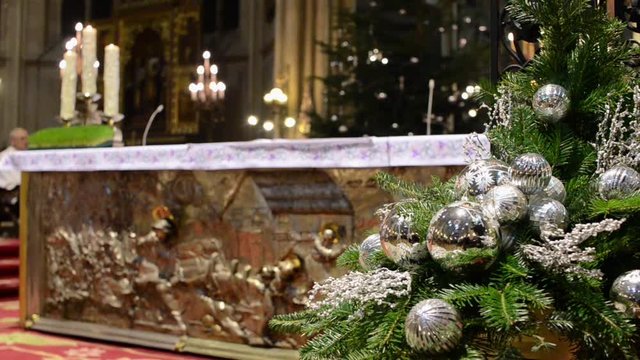 Christmas Eve Midnight Mass. Decoration inside Church at Christmas .