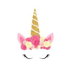 Cute unicorn head and eyes with flower. Vector Illustration © olegganko