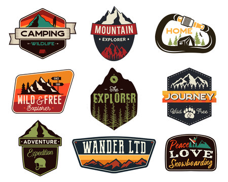 Vintage outdoors logos set. Hand drawn mountain travel badges, wildlife emblems. Camping labels concepts. Explorer illustrations. Stock vector patches isolated on white background.