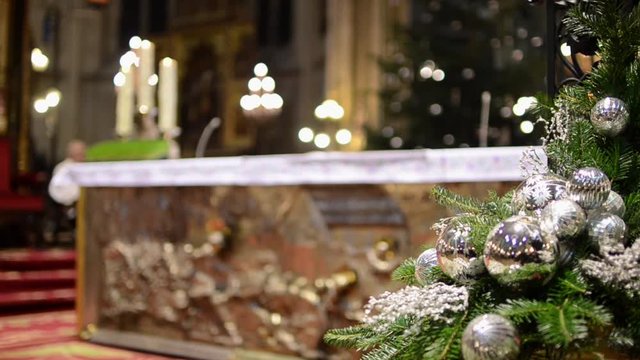 Christmas Eve Midnight Mass. Decoration inside Church at Christmas .