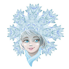 Beautiful young girl snow maiden isolated on white background. Character of Russian folklore. Sketch of Christmas invitation. cartoon close-up illustration.