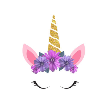 Cute unicorn head and eyes with flower. Vector Illustration