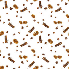 Seamless pattern with spices: anise star, hazelnut, dried orange slice and cinnamon stick. Hand-drawn with markers and watercolors on a white background.