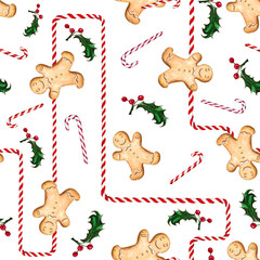 Seamless pattern with gingerbread man, candy cane and holly. Labyrinth of striped candy. Illustration drawn by hand.