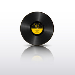 Realistic Black Vinyl Record with mirror reflection. Retro Sound Carrier. Yellow label LP record with text. Musical long play album disc 78 rpm. Old technology isolated on white background