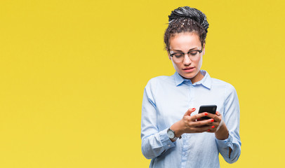 Young braided hair african american business girl using smartphone over isolated background with a confident expression on smart face thinking serious