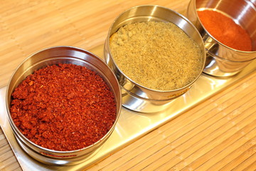 Set of leaning, spices in stainless jars.