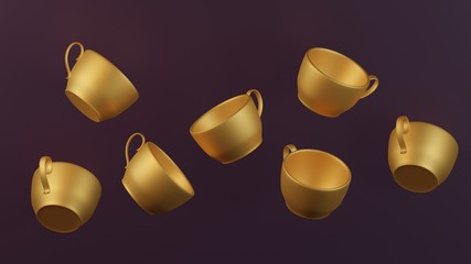 Art collection 3d render coffee cup modern art for decorate anti gravity style gold cup on blue background 