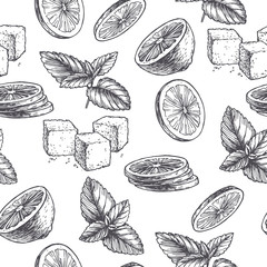 Materiał do szycia Vector vintage seamless pattern with ingredients for cocktail. Hand drawn color texture with peppermint leaves, green slices of lime and sugar in engraving style. Sketch of spices isolated on white.