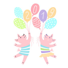 A balloon flying pig with the inscription 2019 Card with cute pig. Baby animal character. Can be used print print for t-shirts, home decor posters cards 2019.